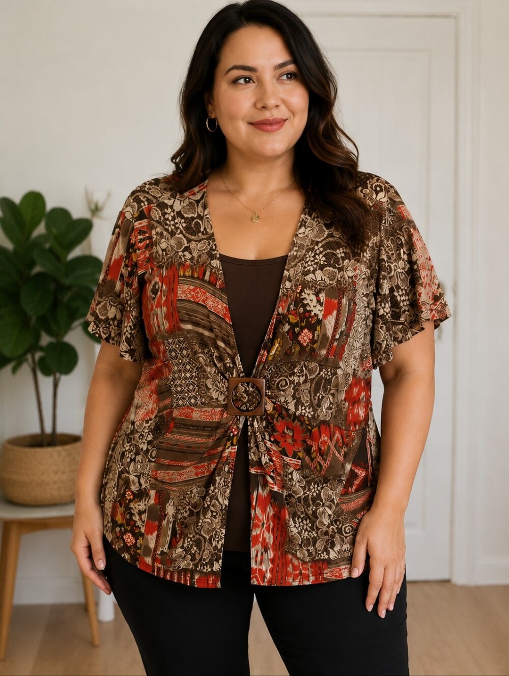 Tradition 2X Boho Patchwork Buckle Top Brown Red Made in Canada